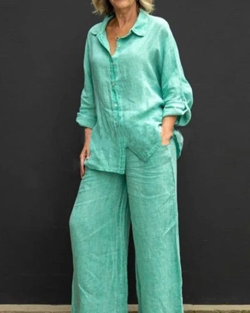 Women's Lapel Shirt & Wide-Leg Pants — Casual Two-Piece Set