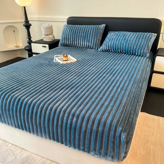 Striped Plush Fitted Sheet, Cozy Fluffy Mattress Cover