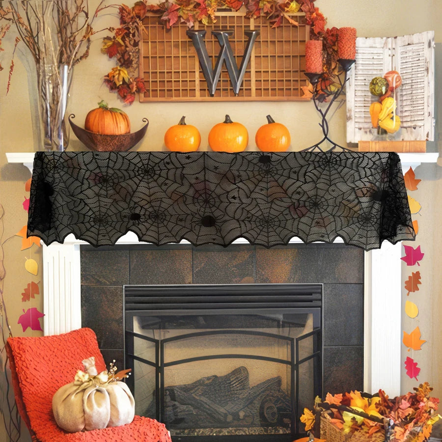 1 Piece of vintage Halloween Table Flag Fireplace Cover, Spider and Bat Lace Table Decoration for Indoor Use