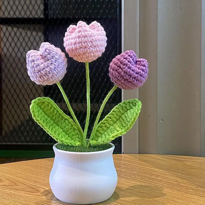 DIY Handwoven Mini Potted Flower Rose Office Desktop Ornamental Potted Plants Woolen Thread Finished Product Home Decoration