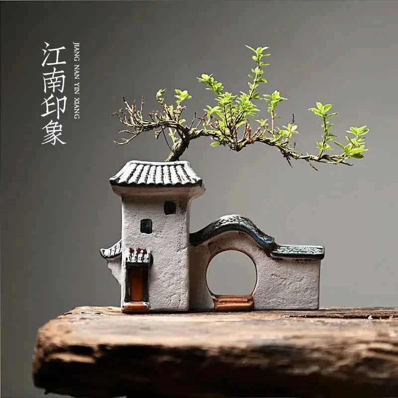 Courtyard Modelling Ceramic Flower Pots Huizhou Architectural Bamboos Pot Planting Pots Fish Tank Aquascape Ornament Decorations