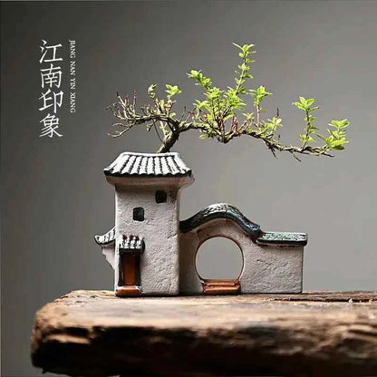 Courtyard Modelling Ceramic Flower Pots Huizhou Architectural Bamboos Pot Planting Pots Fish Tank Aquascape Ornament Decorations
