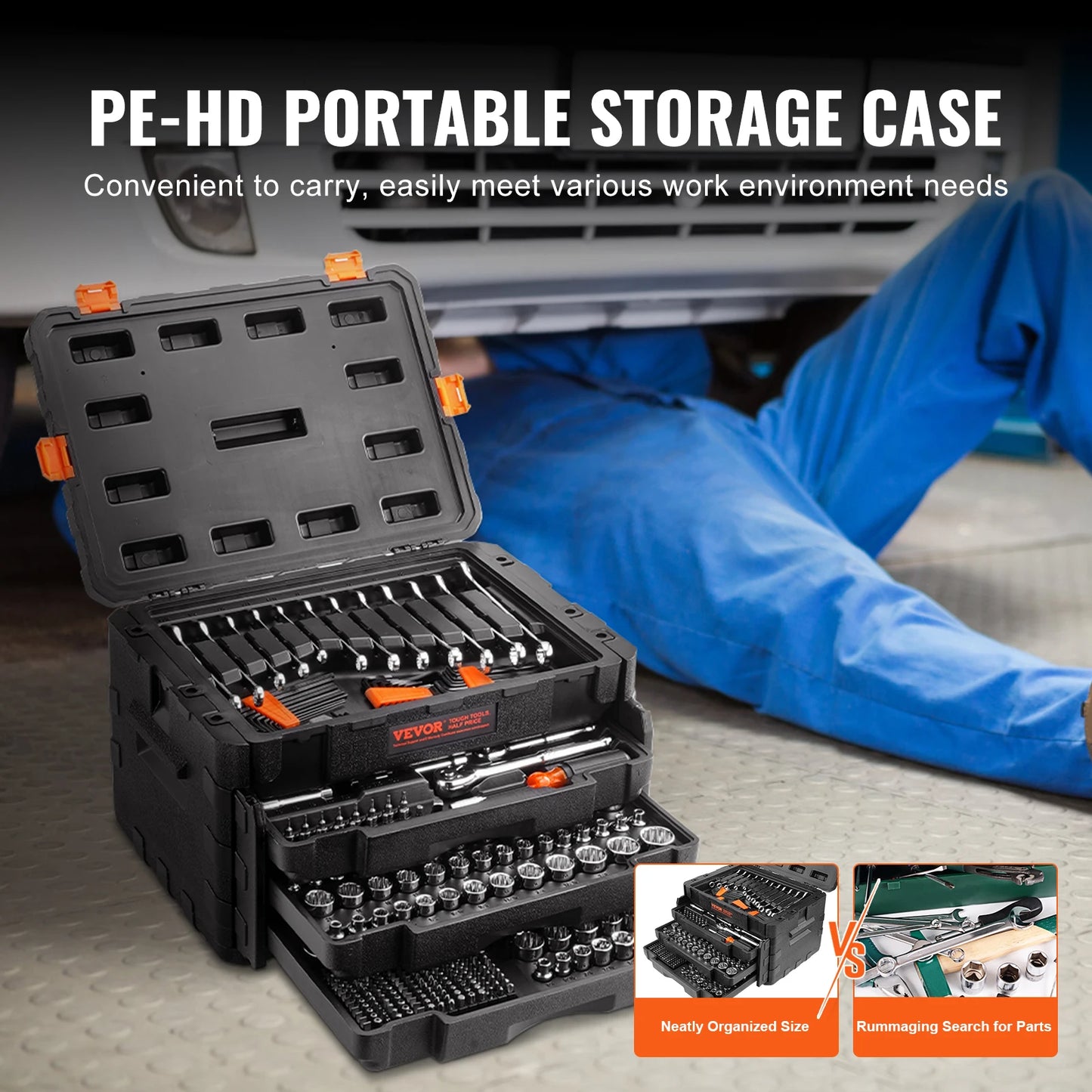 Mechanics Tool Set and Socket Set 1/4" 3/8" 1/2" Drive Deep Standard Sockets 450 Pcs SAE and Metric Mechanic Tool Kit