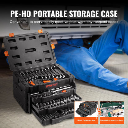 Mechanics Tool Set and Socket Set 1/4" 3/8" 1/2" Drive Deep Standard Sockets 450 Pcs SAE and Metric Mechanic Tool Kit