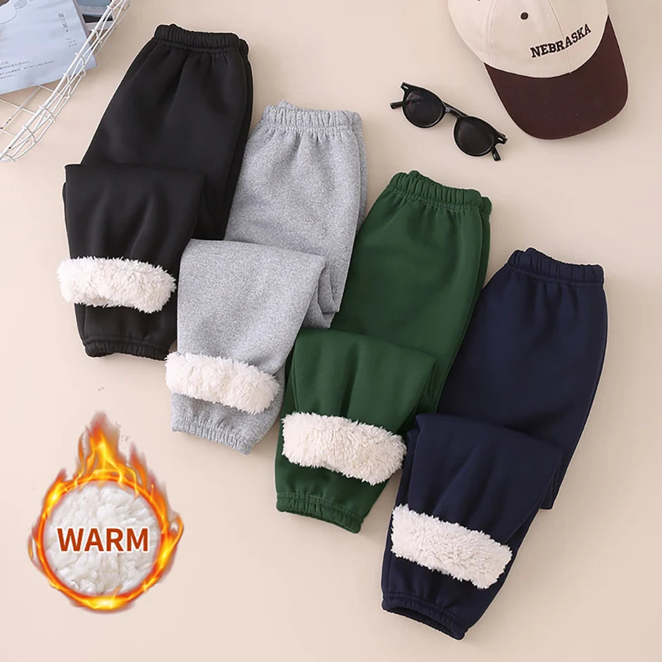 Autumn And Winter Children's Plush Warm Sports Casual Pants For Boys And Girls Solid Color Fashion Thick Windproof Harun Pants