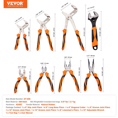 SucceBuy 8-Piece Pliers Set 8" Linesman's Pliers 6" Slip Joint Pliers Long Nose Pliers 6" Diagonal Cutter 10" Adjustable Wrench