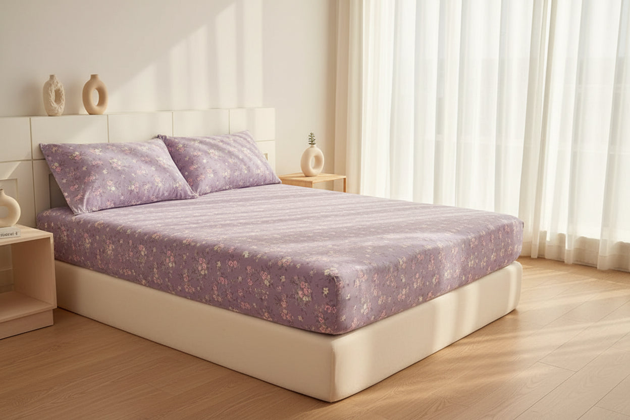 Purple Floral Fitted Bed Sheet | Single, Queen, King