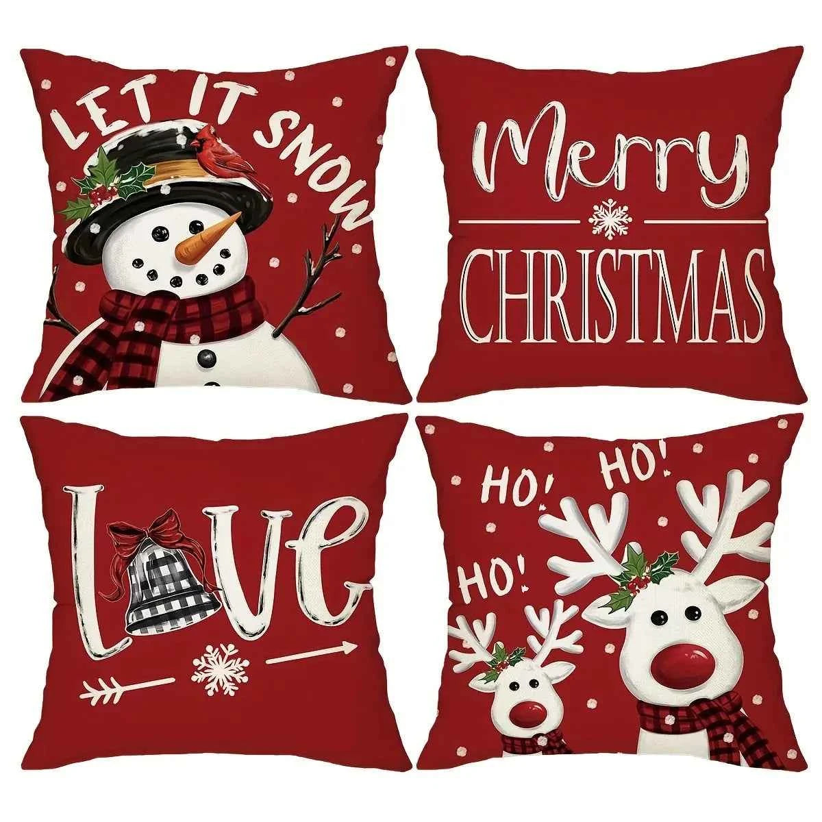 Red Christmas Pillow Cover 45x45cm with Snowman Deer Pattern，Holiday Cushion Case for Living Room Sofa Bedroom