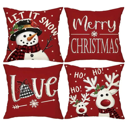 Red Christmas Pillow Cover 45x45cm with Snowman Deer Pattern，Holiday Cushion Case for Living Room Sofa Bedroom