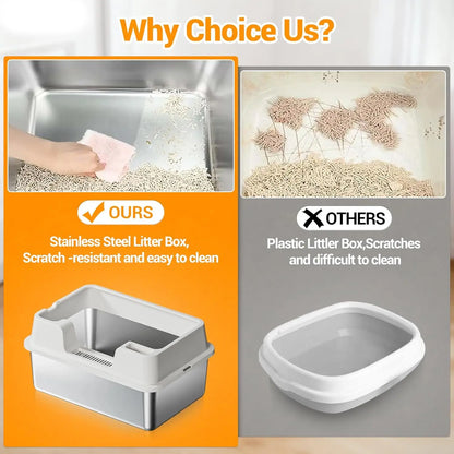 XL Stainless Steel Litter Box, High Wall Sides