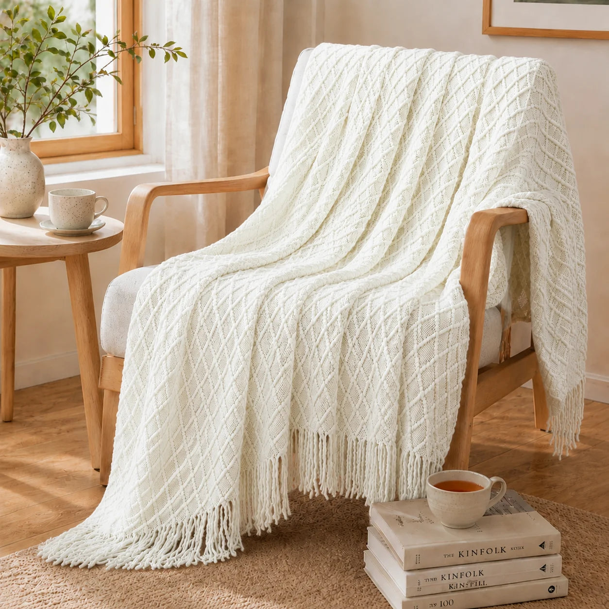 Sage Green Mixed Bobble Diamond Textured Knit Throw Blanket with Tassel Fringe, Soft Knitted Decorative Blanket, Lightweight Cozy Cover for Couch Sofa Bed, Boho Farmhouse Home Decor for Living Room Bedroom