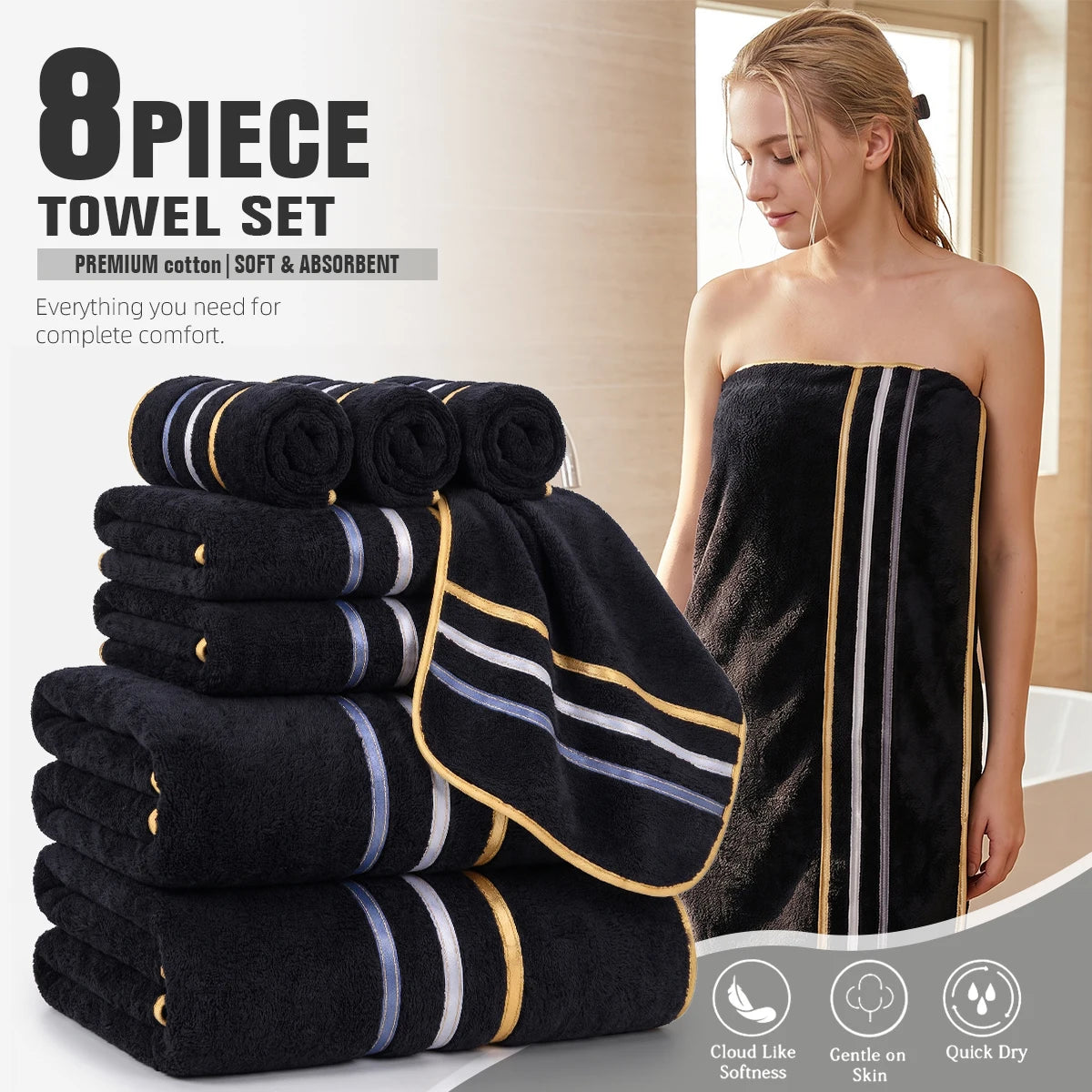 8-Piece Towel Set, 2 Bath Towels + 2 Hand Towels + 4 Face Towels, Soft