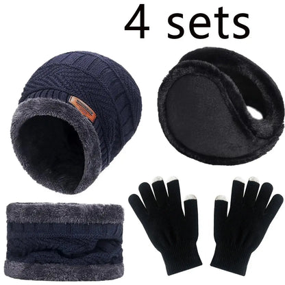 2/4pcs sets Winter Warm Velvet men Hat Scarf Gloves Set For men and women Girls Outdoor Riding Hat Beanies Neck Protection Scarf