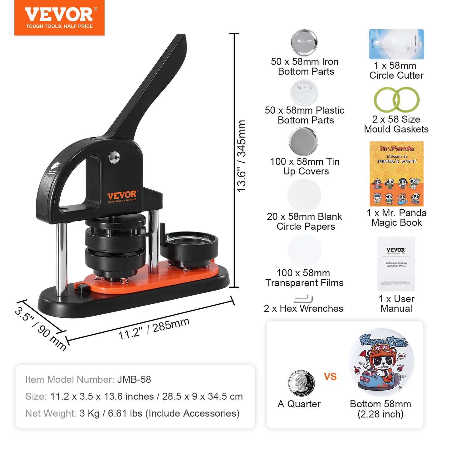Button Maker 25/32/58 Pin Maker with Button Parts Ergonomic Arc Handle Punch Press Kit Button Maker Machine