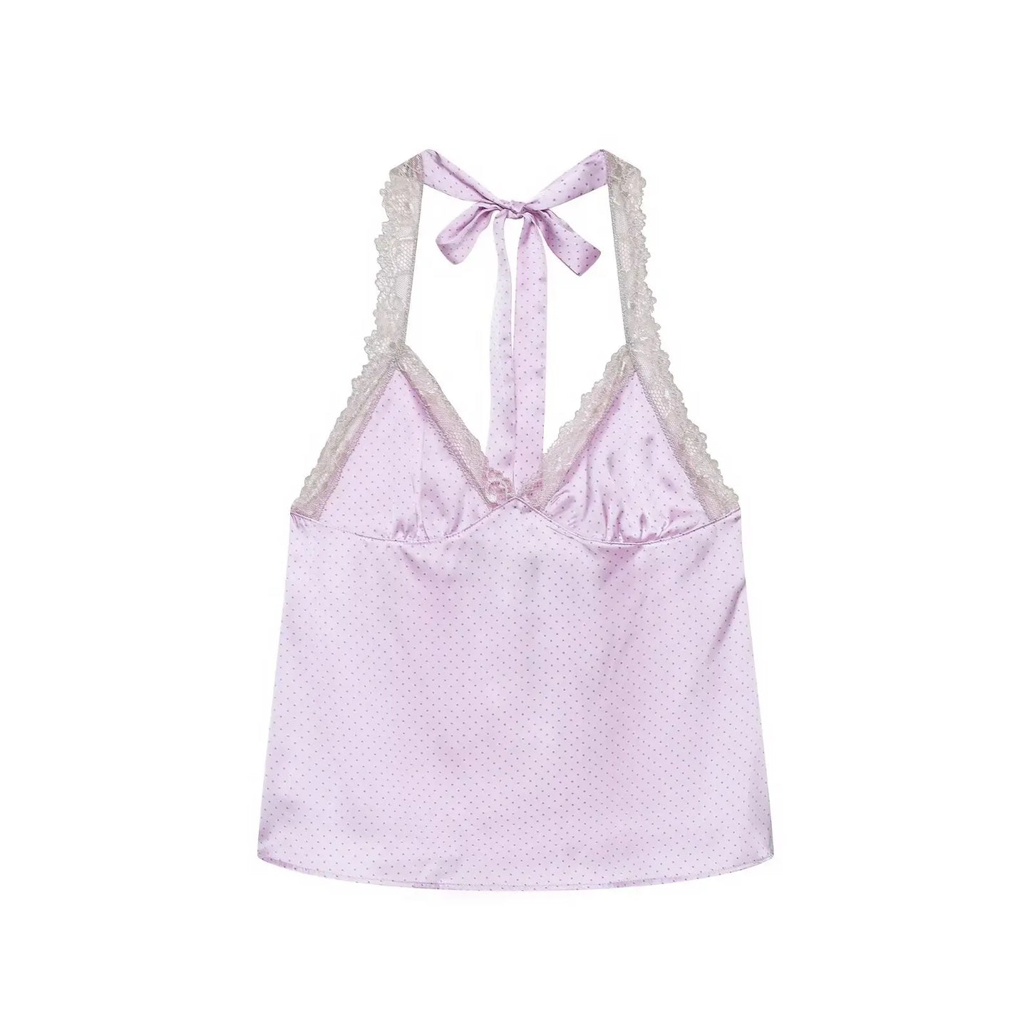 Women's Purple Polka Dot Halter Neck Top – Lace Trim Sexy Beach & Vacation Top