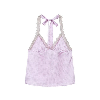 Women's Purple Polka Dot Halter Neck Top – Lace Trim Sexy Beach & Vacation Top