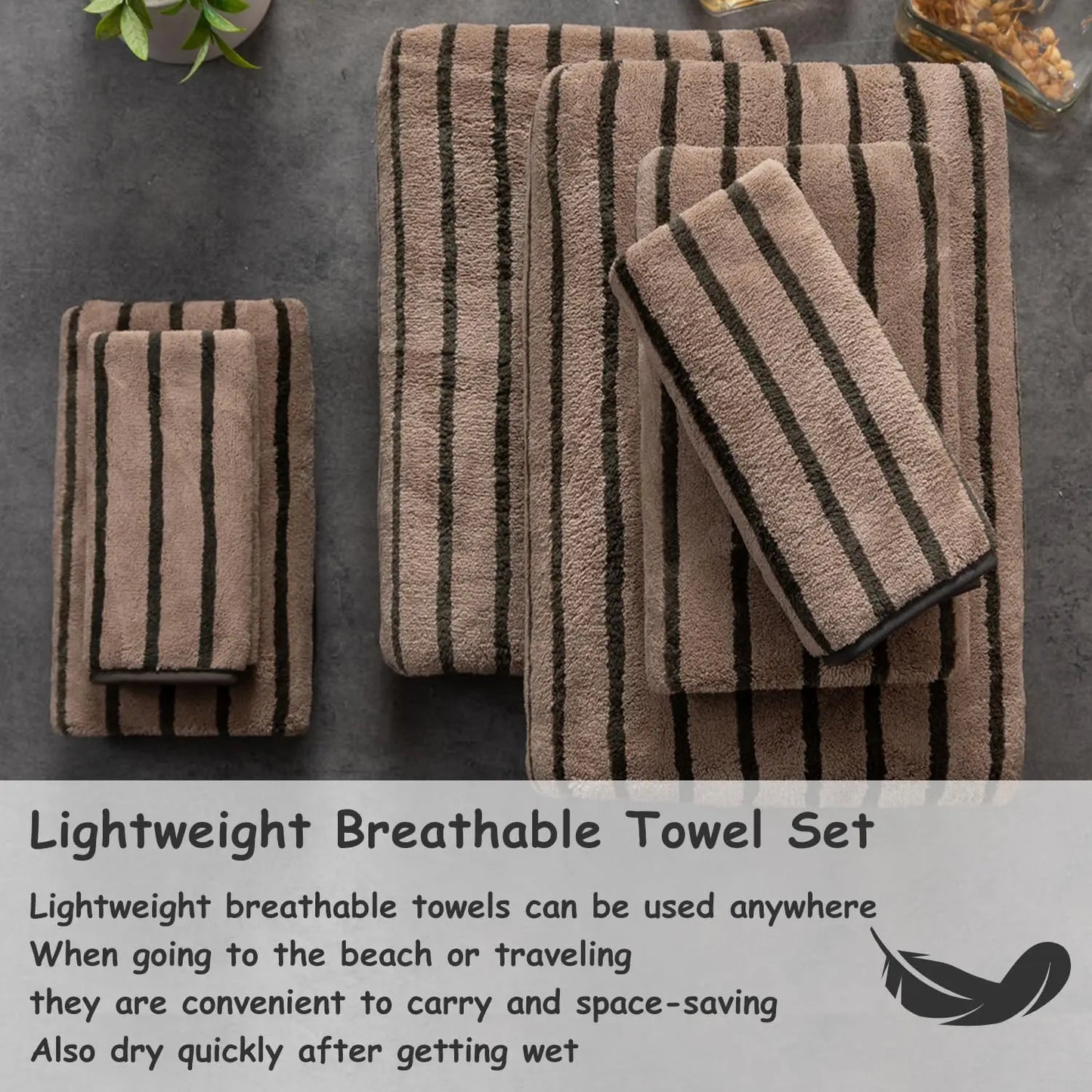 8 Pcs Polyester Brown Cabana Stripe Large Bath Towel Set-2 Bathroom