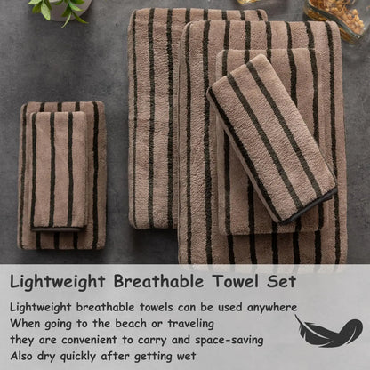 8 Pcs Polyester Brown Cabana Stripe Large Bath Towel Set-2 Bathroom