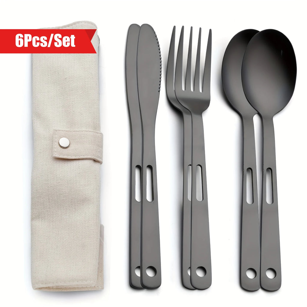 Tableware Set Stainless Steel Portable Cutlery Dinner Knife Fork Spoon 6-Piece Suit with Storage Bag for Travel Camping Flatware