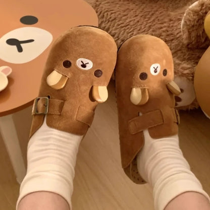 Fashion Women Boken Shoes  Retro Thick-Soled Super Comfortable Cute Exquisite Little Bear Design Outdoor Casual Half-Drag Flats