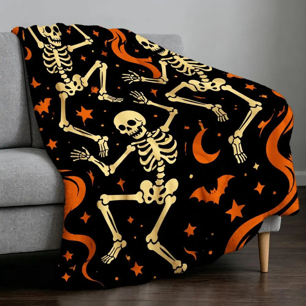 Halloween Skeleton Dancing Decorative Throw Blanket Soft Cozy Flannel Large Festive Blanket for Sofa Bed Couch Travel Camping Living Room Warm Bedspread Night Party Gift