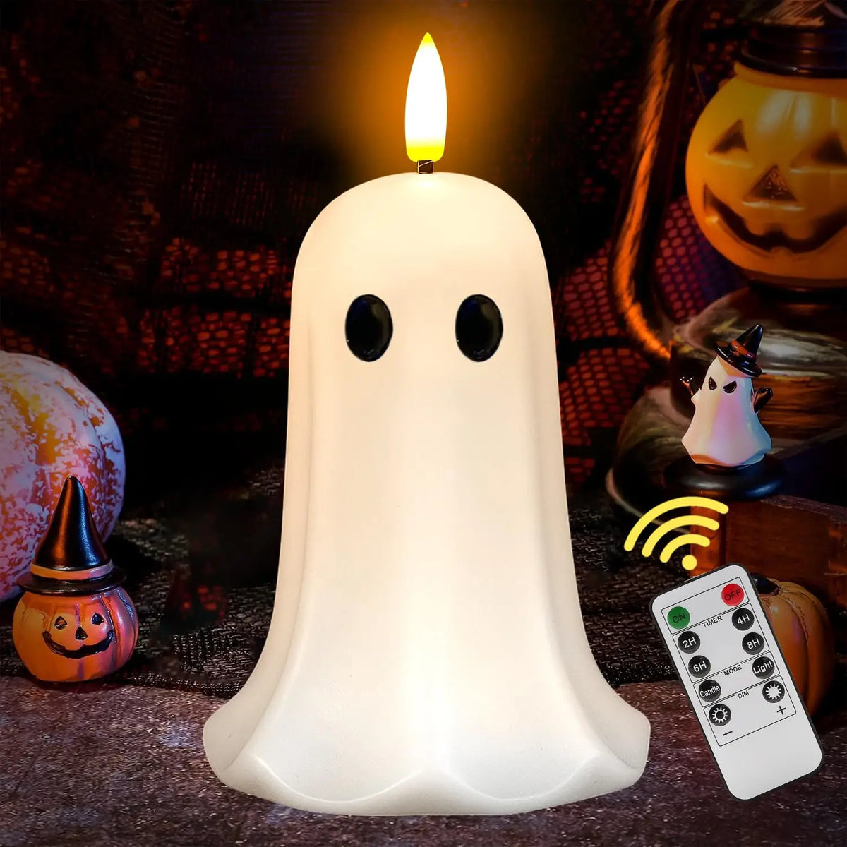 Halloween Ghost Flameless Candle with Timer – LED Candle with Flickering Flame, Real Wax, Remote Control, Spooky Halloween Decor