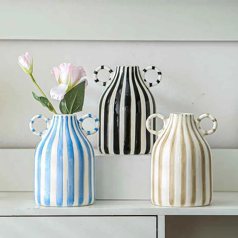 Double Ear Ceramic Vase, Abstract Black and White Striped Hydroponic Vase, Living Room Decoration, Room Aesthetic Decoration