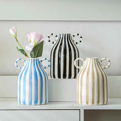 Double Ear Ceramic Vase, Abstract Black and White Striped Hydroponic Vase, Living Room Decoration, Room Aesthetic Decoration