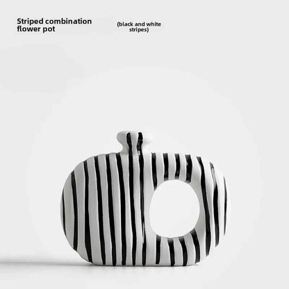 Beihanmei Creative Retro Black White Striped Ceramic Vase for Flower Arrangement Living Room Decor