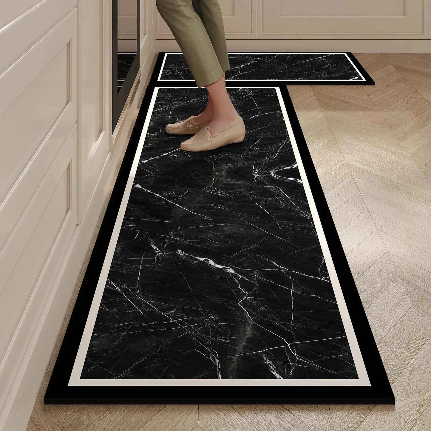 Kitchen Mat Black Marble Pattern Rug Waterproof Oil-proof Non-slip Floor Mat Home Decoration Leather Carpet Alfombras De Cocina