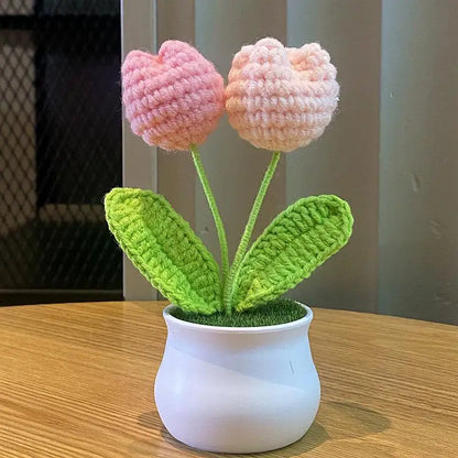DIY Handwoven Mini Potted Flower Rose Office Desktop Ornamental Potted Plants Woolen Thread Finished Product Home Decoration