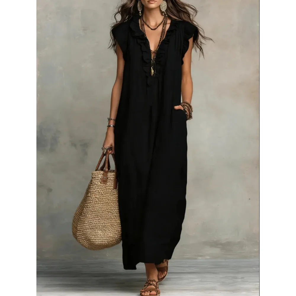 Women's Bohemian Ruffle Linen Maxi Dress — V-Neck Sleeveless Beach Dress with Pockets
