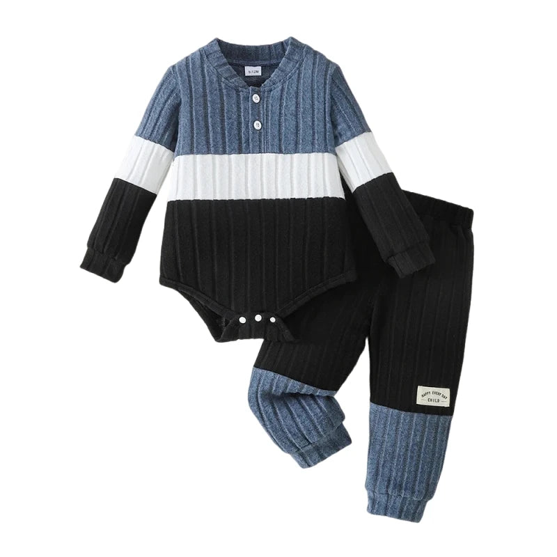 0-2Y Fashion Men's Baby Autumn Set Color blocked Striped Knitted Long sleeved Ha Yi+Spliced Pants2PCS Set Baby Casual Clothing
