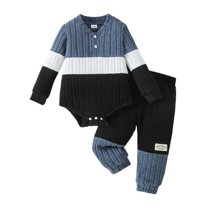 0-2Y Fashion Men's Baby Autumn Set Color blocked Striped Knitted Long sleeved Ha Yi+Spliced Pants2PCS Set Baby Casual Clothing