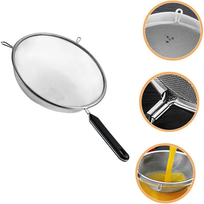 Ergonomic 12-Inch Fine Mesh Kitchen Strainer with Hook Handle