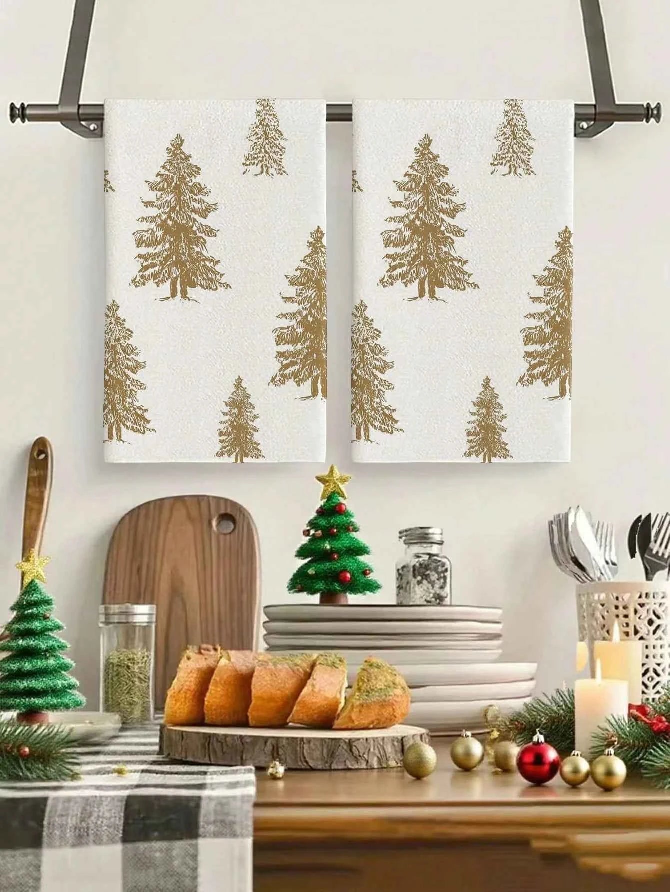 2 Pcs Christmas Towels | Fresh/Modern Style | Christmas Tree Print | Kitchen/Bath/Outdoor Party Decor & Holiday Gift