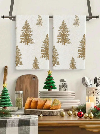 2 Pcs Christmas Towels | Fresh/Modern Style | Christmas Tree Print | Kitchen/Bath/Outdoor Party Decor & Holiday Gift