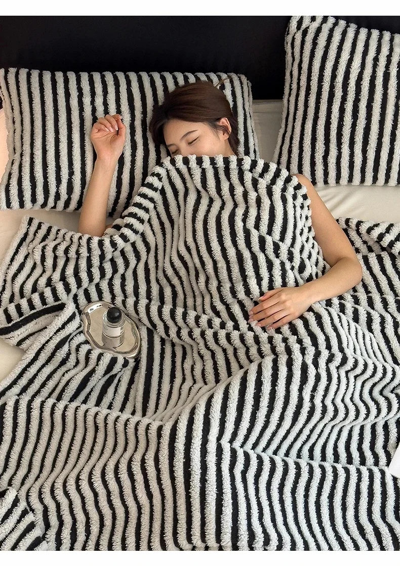 Imitation Rabbit Plush Striped Blanket Fluffy Soft Fleece Throw Blanket for Sofa Single Double Spring Autumn Warm Bed Blankets