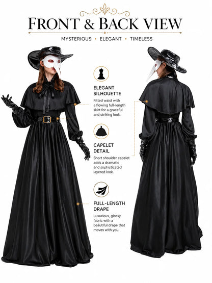 Women Plague Doctor Costume Set Medieval Gothic Long Dress with Cape Belt Hat Gloves Bird Beak Mask Steampunk Halloween Cosplay Outfit for Carnival Party