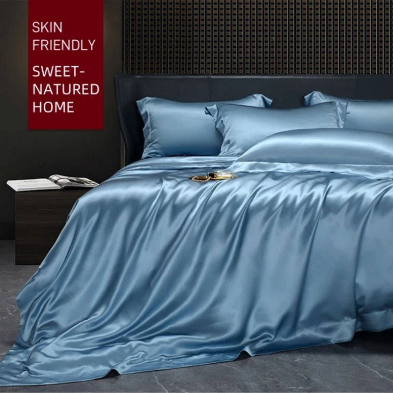 Solid 4pcs Silk Bedding Set with Duvet Cover Fitted/Flat Bed Sheet Pillowcase Bedspreads and Coverlets  Single Double Bedsheet