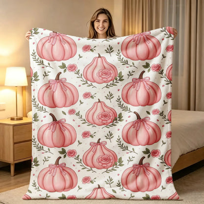 1pc Pink Pumpkin And Rose Floral Print Flannel Blanket Soft Comfortable Warm Bed Cover Autumn Winter Season Living Room Bedroom Sofa Throw Halloween Thanksgiving Christmas Festival Gift