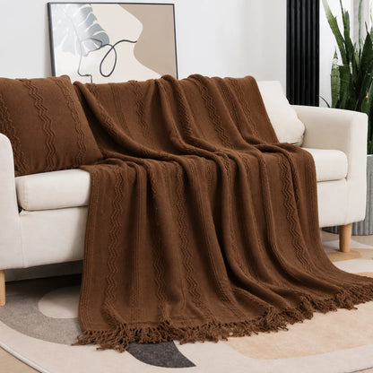 Beige Openwork Textured Knit Throw Blanket with Tassel Fringe, Soft Knitted Decorative Blanket, Lightweight Cozy Cover for Couch Sofa Bed, Boho Farmhouse Home Decor for Living Room Bedroom