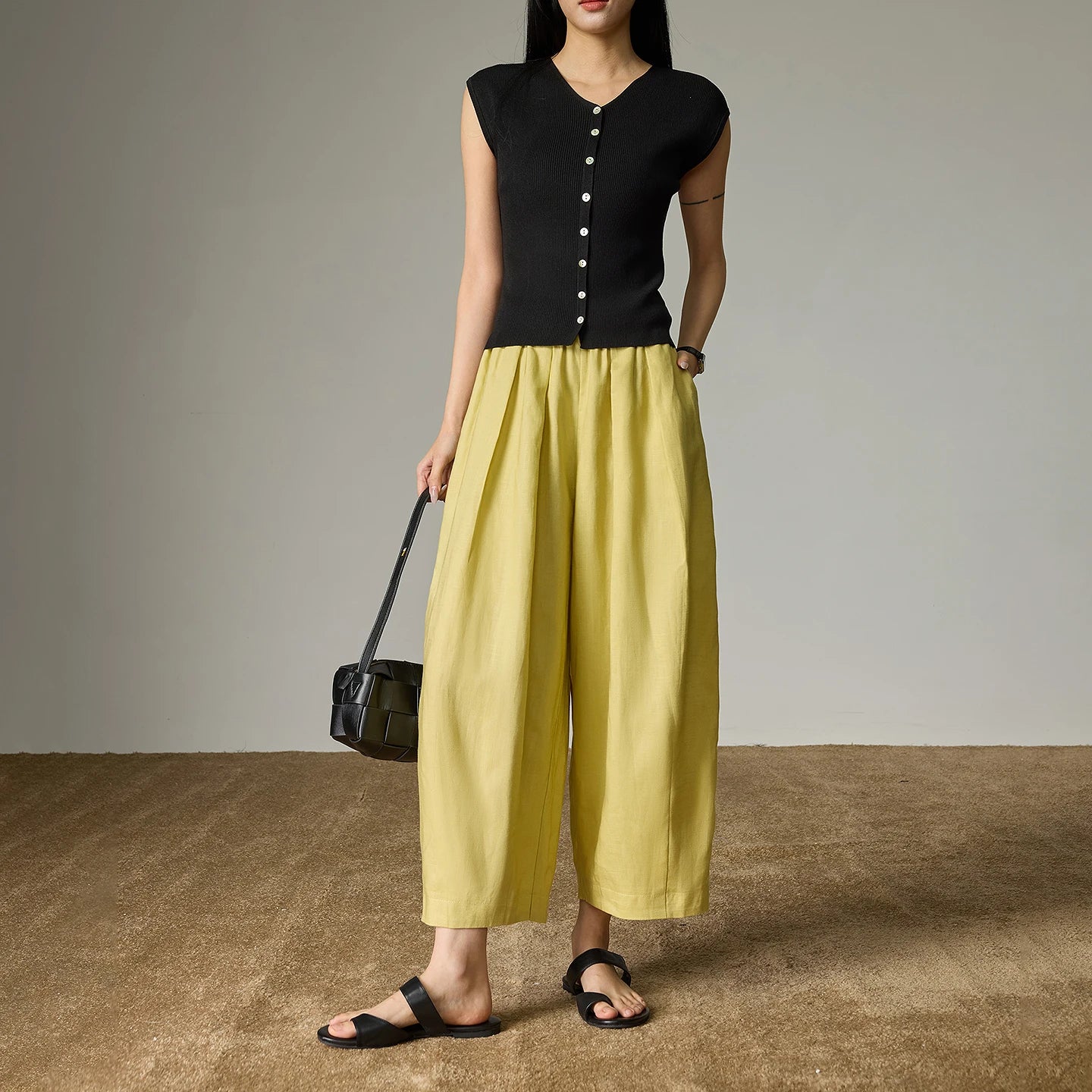 TOYOUTH Women's Lyocell Linen Wide Leg Pants — High Waist Pleated Ankle Trousers