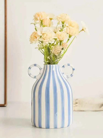 Hand-Painted Ceramic Vase with Dual Handles - Striped, Cylinder Design for Living Room Decor, Earthenware, Decorative Ornaments