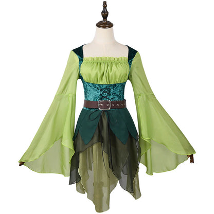 Women's Elf Medieval Green Fairy Dress Magical Elf Dress and Belt with Wings Halloween Carnival Party Cosplay Costumes