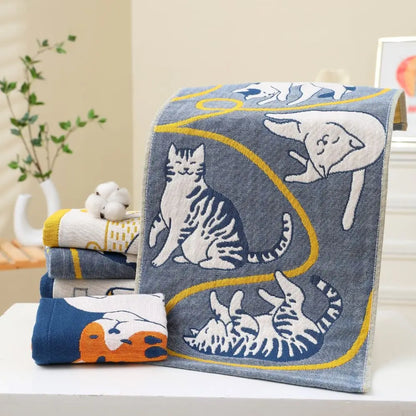 Cartoon Cat Face Towels 34x74cm Soft Bath Towel Absorbent 3 Layer Cotton