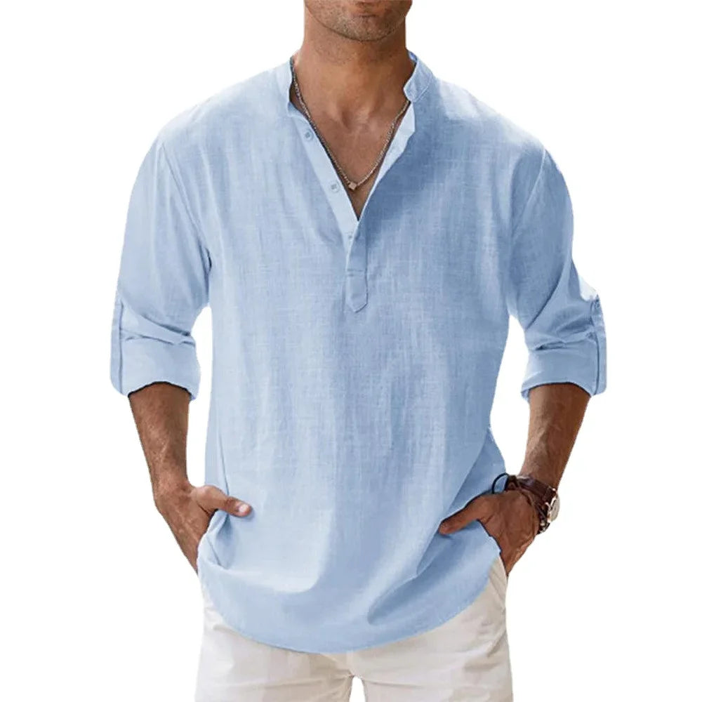 Men's Cotton Linen Long Sleeve Henley Beach Shirt — Solid Color Hawaiian Vacation Top