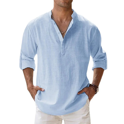Men's Cotton Linen Long Sleeve Henley Beach Shirt — Solid Color Hawaiian Vacation Top