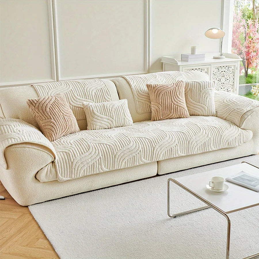 Cream Striped Velvet Sofa Cover, Non-Slip