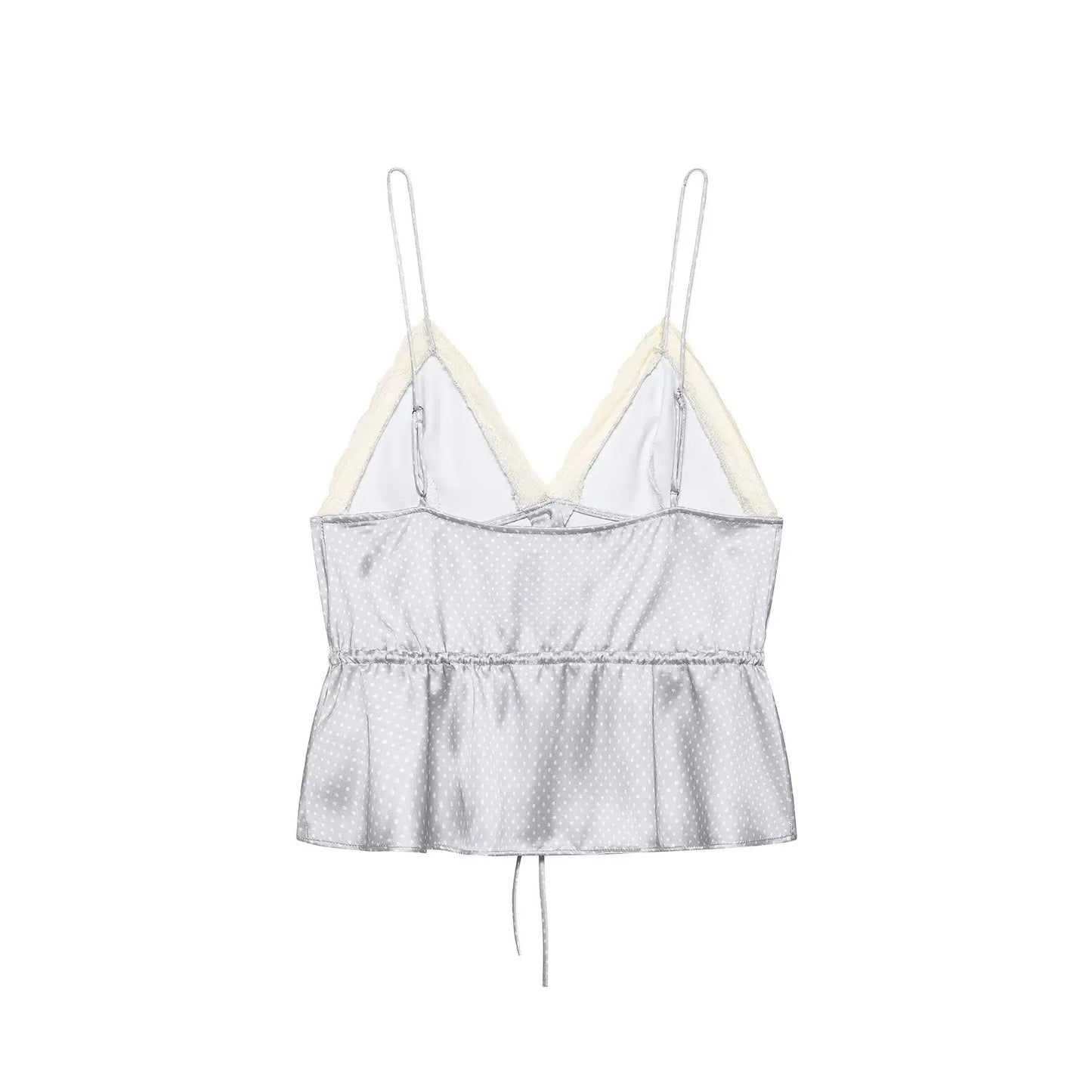 Women's Polka Dot Satin Peplum Cami Top – Lace Trim Spaghetti Strap Elegant Loungewear & Vacation Top